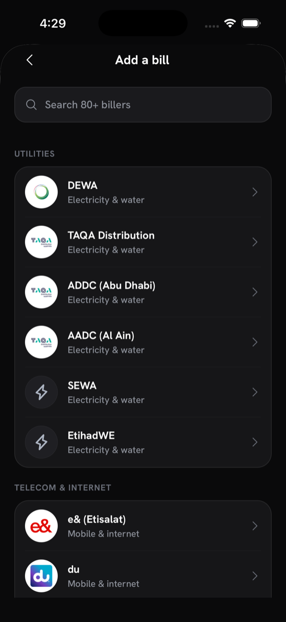 Bucket — add a bill from 80+ UAE billers