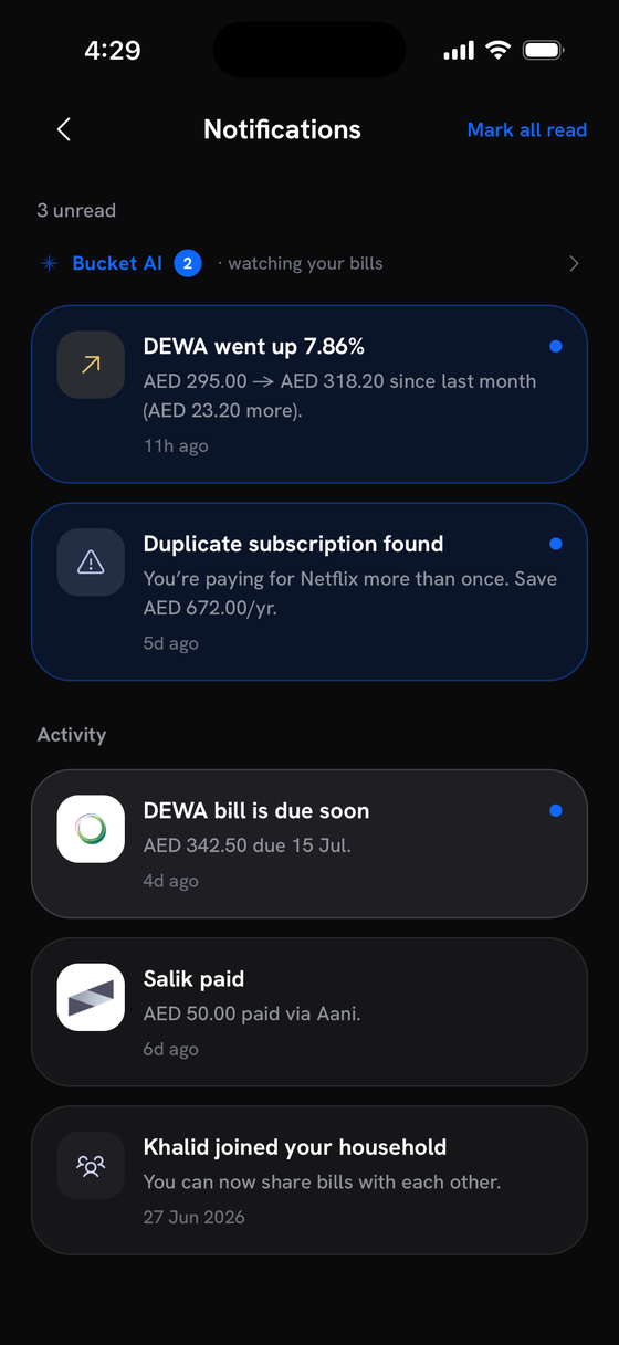 Bucket AI notifications — a &lsquo;Bucket AI&rsquo; section flags DEWA up 7.86% and a duplicate Netflix subscription, above routine bill activity