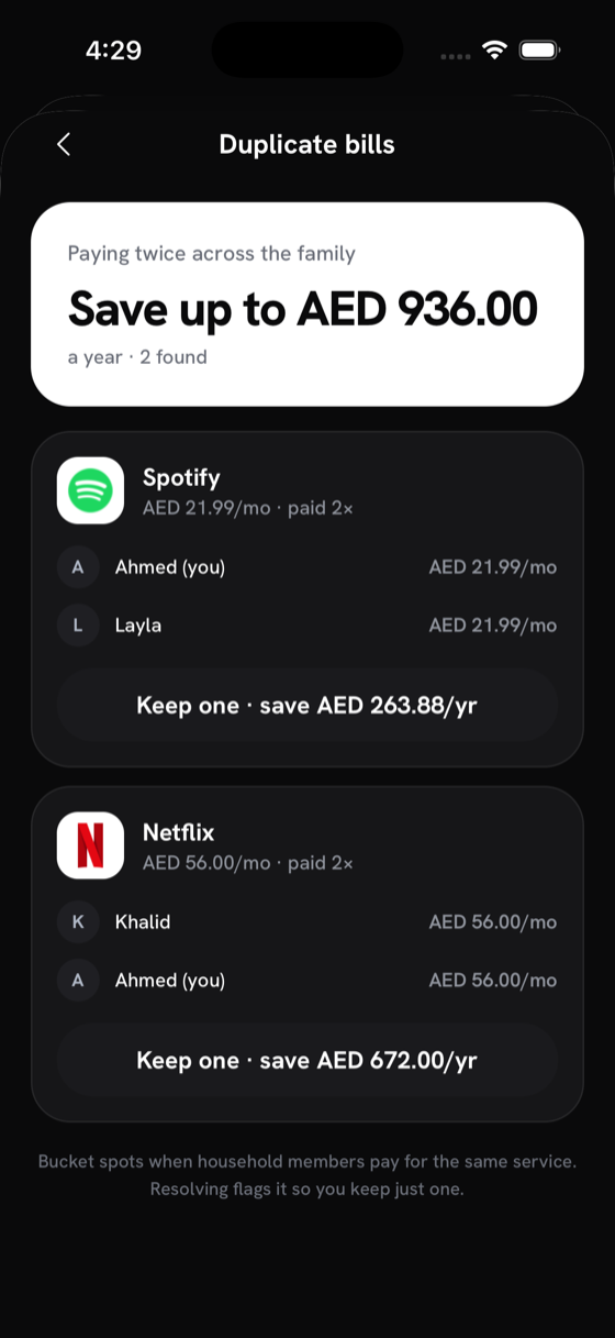 Bucket — duplicate subscriptions found across the family