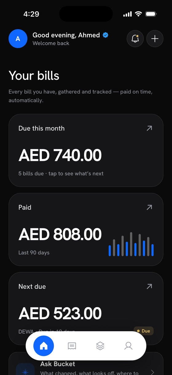 Bucket home screen — every bill in one place: AED 740 due this month, AED 808 paid in 90 days, DEWA next due